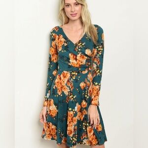 Autumn Floral 🍁🌼🍂🧡 Long Sleeve Faux Wrap Dress NWOT
